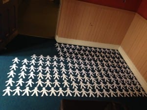 My first test of laying out the paper dolls on the floor of the Green Room, 6th April 2016.