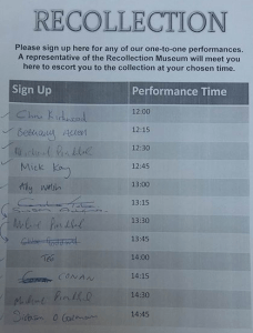 The sign-up sheet with the list of audience members. (Adam Cockerill, 2016)